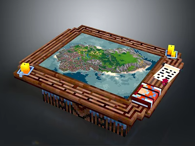Wooden Platform Displaying Island Map With Yellow Candles And Playing Cards 3d model