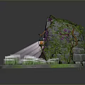 Enchanted Archway With Pink Flowers Vines Lanterns Circular Stone Slab And Green Grass