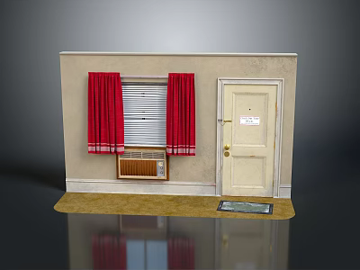 Miniature Room Corner With Red Curtains Window Door Radiator And Doormat 3d model