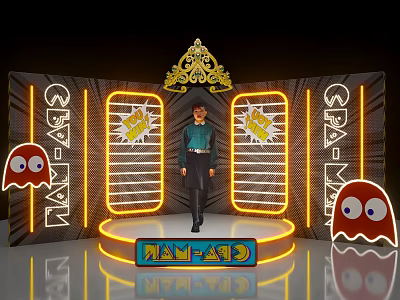 PAC-MAN Themed Neon Light Display With Standing Figure Ghosts And Golden Decorated Platform 3d model