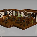 Cozy Pub Interior Design With Wooden Tables Chairs Fireplace Wine Rack Green Plants And Decorative Paintings
