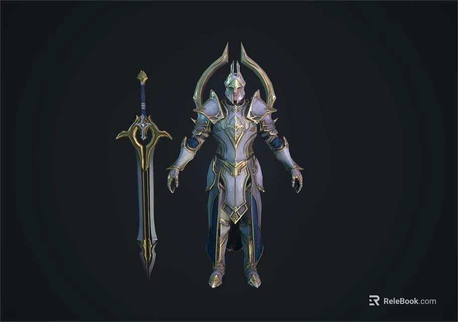 Mythical Game And Movie Character In Shining Silver Armor With Golden Accents And Sword 3d model 