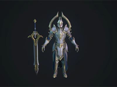 Mythical Game And Movie Character In Shining Silver Armor With Golden Accents And Sword 3d model