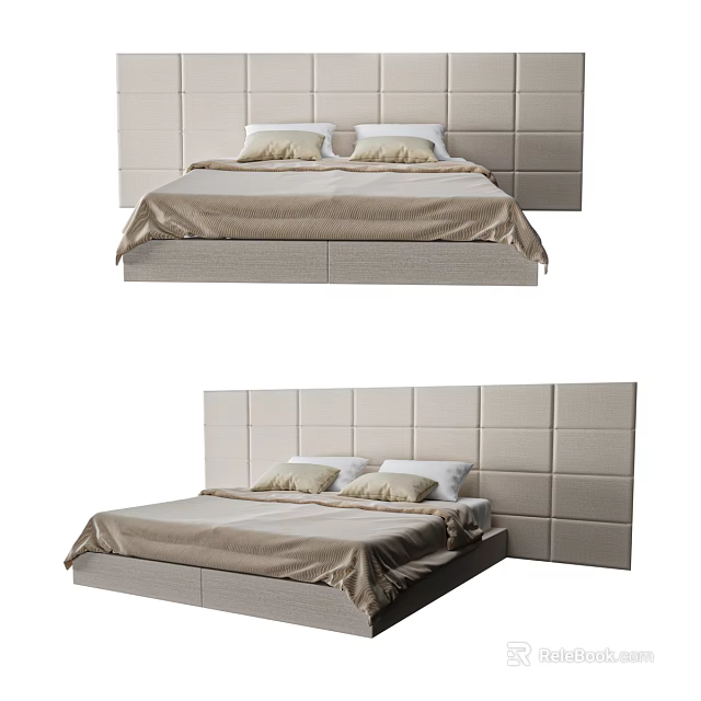 Sleek Modern Double Bed With Upholstered Headboard Neutral Bedding And Low Profile Frame 3d model 