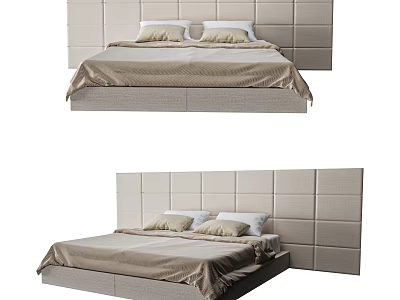 Sleek Modern Double Bed With Upholstered Headboard Neutral Bedding And Low Profile Frame 3d model