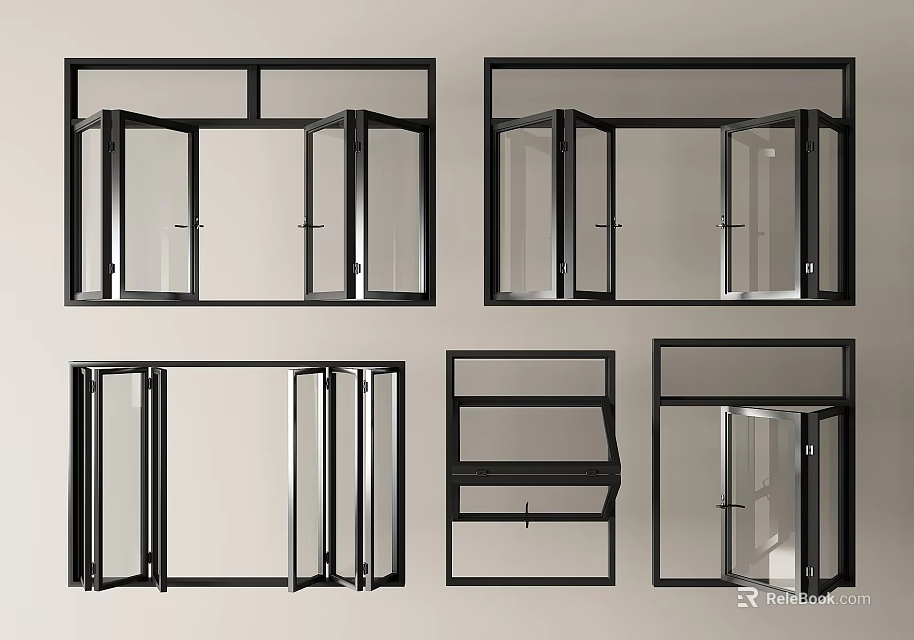 Various Black Frame Window Designs With Different Opening Styles And Glass Panels 3d model