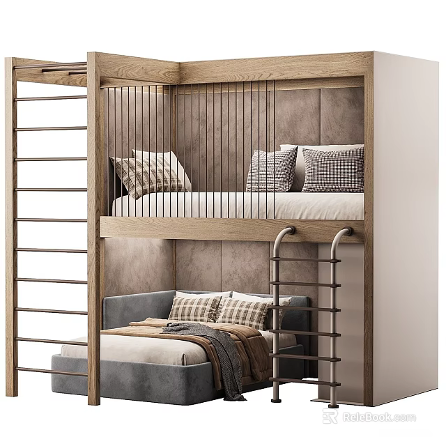 Wooden Children's Bunk Bed With Ladder And Gray Lower Bed With Pillows 3d model 