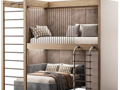 Wooden Children's Bunk Bed With Ladder And Gray Lower Bed With Pillows 3d model