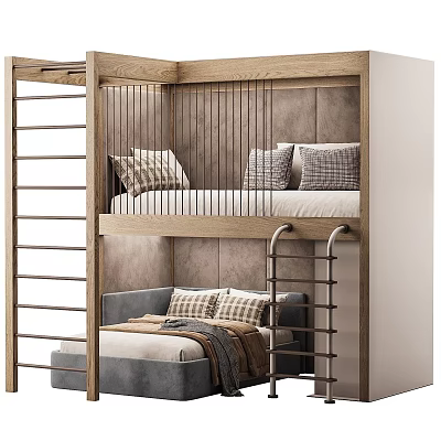 Wooden Children's Bunk Bed With Ladder And Gray Lower Bed With Pillows 3d model