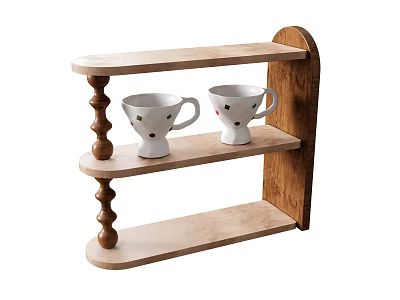 Tableware Set Featuring White Cups On Two Tier Wooden Shelf With Colorful Patterns 3d model