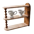 Tableware Set Featuring White Cups On Two Tier Wooden Shelf With Colorful Patterns 3d model