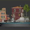 Venetian Style Building Model with Red Orange Facades Red Roofs Balconies Canal and Wooden Bridge