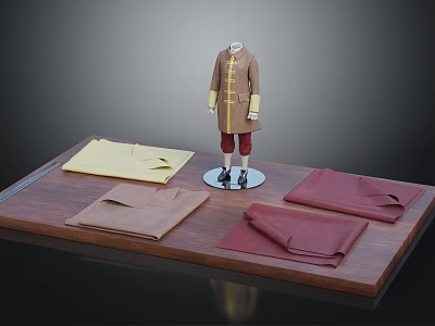 Mannequin In Brown Coat With Yellow Maroon And Brown Fabric Samples 3d model