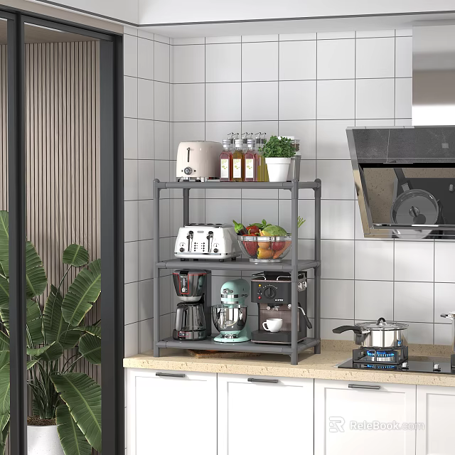 Modern Kitchen Shelf With Coffee Maker Toaster Blender Fruits And Plants 3d model 
