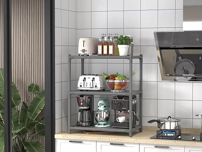 Modern Kitchen Shelf With Coffee Maker Toaster Blender Fruits And Plants 3d model