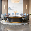 Elegant Chinese Restaurant Interior With Round Dining Table Blue Chairs Decorative Flowers And Mountain Painting