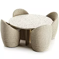 Modern Round Table and Woven Rattan Chair Set with Wooden Legs and Comfortable Seats