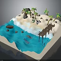 Tropical Beach Scene With White Sand Blue Water Palm Trees And Wooden Pier