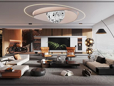 Modern Living Room Interior With Round Ceiling Light Sofa Chairs And TV Wall 3d model