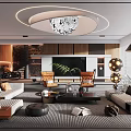 Modern Living Room Interior With Round Ceiling Light Sofa Chairs And TV Wall
