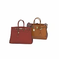 Stylish Leather Handbags Red And Brown With Metal Buckles Handles And Silk Scarf
