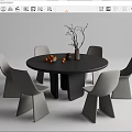 Round Black Dining Table Set With Six Gray Chairs Vase Branches And Oranges 3d model