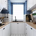 Modern White Kitchen Cabinets With Blue And White Tiled Backsplash Wooden Countertop And Tea Canisters