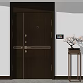 Modern Security Door With Metal Surface Elegant Handles Smart Control Panel And Decorative Bonsai