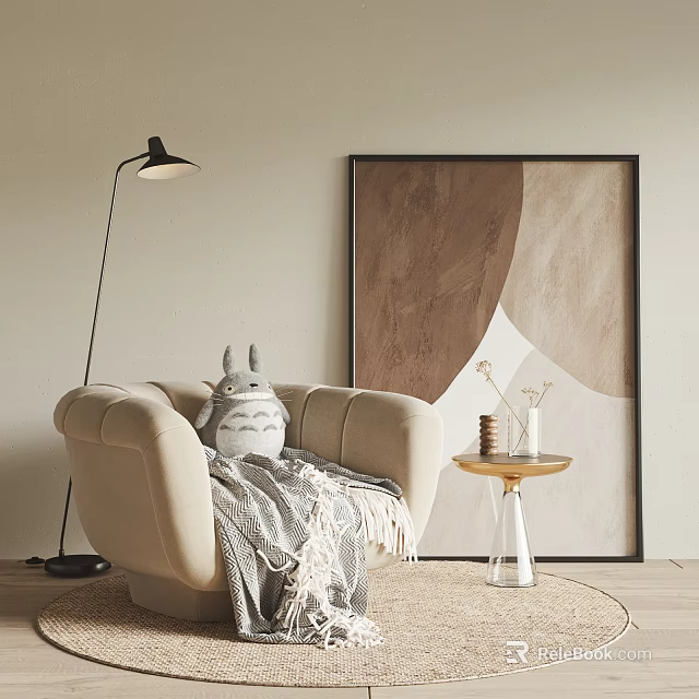Beige Single Sofa With Gray Blanket Rabbit Doll Floor Lamp And Abstract Painting 3d model 