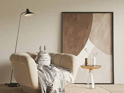 Beige Single Sofa With Gray Blanket Rabbit Doll Floor Lamp And Abstract Painting 3d model