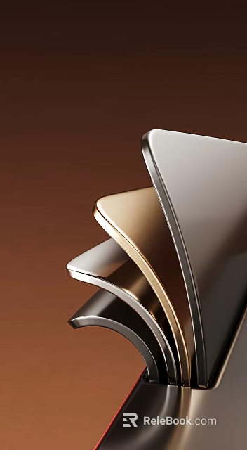 Layered Metallic Curved Sheets in Gold Silver Black with Modern Sleek Design on Brown Background 3d model 