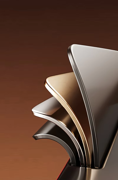 Layered Metallic Curved Sheets in Gold Silver Black with Modern Sleek Design on Brown Background 3d model