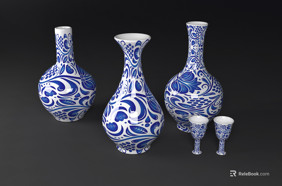 Ceramic Vessels with Traditional Blue and White Floral Patterns Including Vases and Small Cups 3d model 