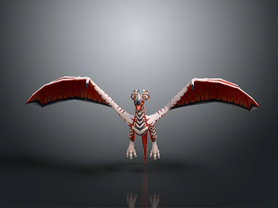 Fantasy Pterosaur Like Creature With Red White Striped Wings Standing On Gray Background With Reflection 3d model