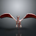 Fantasy Pterosaur Like Creature With Red White Striped Wings Standing On Gray Background With Reflection