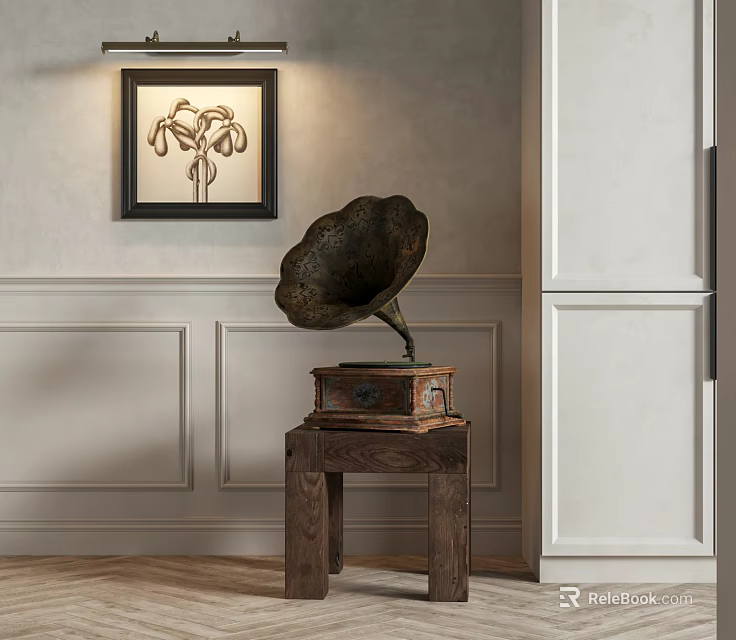 Vintage Phonograph And Framed Artwork In Classic Interior With Paneled Wall And Lamp 3d model 