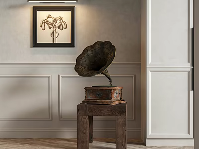 Vintage Phonograph And Framed Artwork In Classic Interior With Paneled Wall And Lamp 3d model
