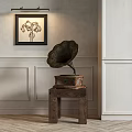 Vintage Phonograph And Framed Artwork In Classic Interior With Paneled Wall And Lamp