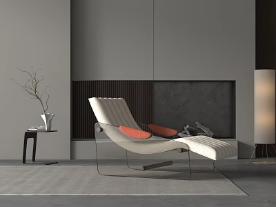 Modern Cream Upholstered Lounge Chair with Orange Cushions Near Gray Fireplace and Side Table 3d model