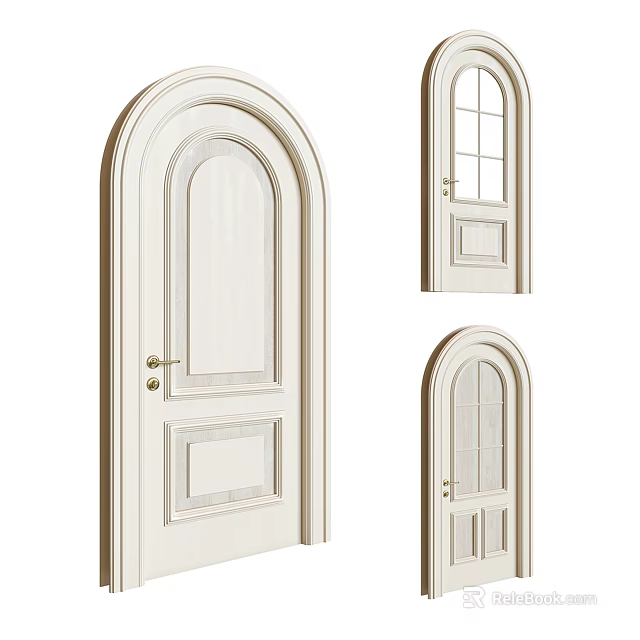 Classic White Hinged Door Designs With Arched Top And Glass Panels 3d model 