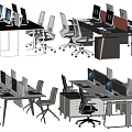 Modern Office Desks with Ergonomic Chairs and Multiple Computer Monitors in Workspace Layout 3d model