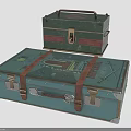 Vintage Blue Large Suitcase With Brown Straps And Green Small Case Featuring Red Stripe Lock