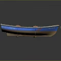 Blue Vintage Wooden Boat With Red Accents And Buoys On Dark Background