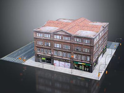 Cartoon Style Urban Scene With Red Tiled Roof Building Multiple Floors Shop Fronts Street Lamps And Traffic Lights 3d model