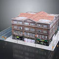 Cartoon Style Urban Scene With Red Tiled Roof Building Multiple Floors Shop Fronts Street Lamps And Traffic Lights