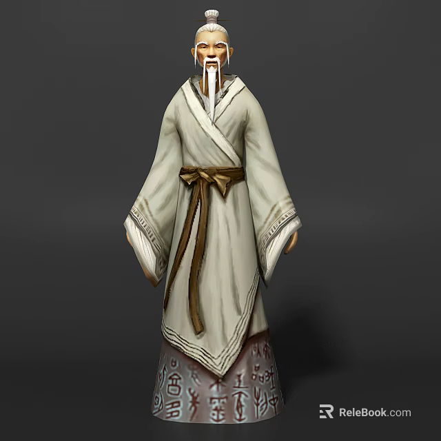 Ancient Character In Traditional White Robe With Brown Belt Decorative Cuffs And Patterned Hem 3d model 