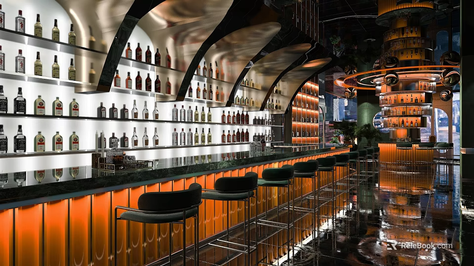 Modern Bar Interior With Bar Counter Wine Racks High Stools And Lighting Decor 3d model 