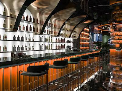 Modern Bar Interior With Bar Counter Wine Racks High Stools And Lighting Decor 3d model