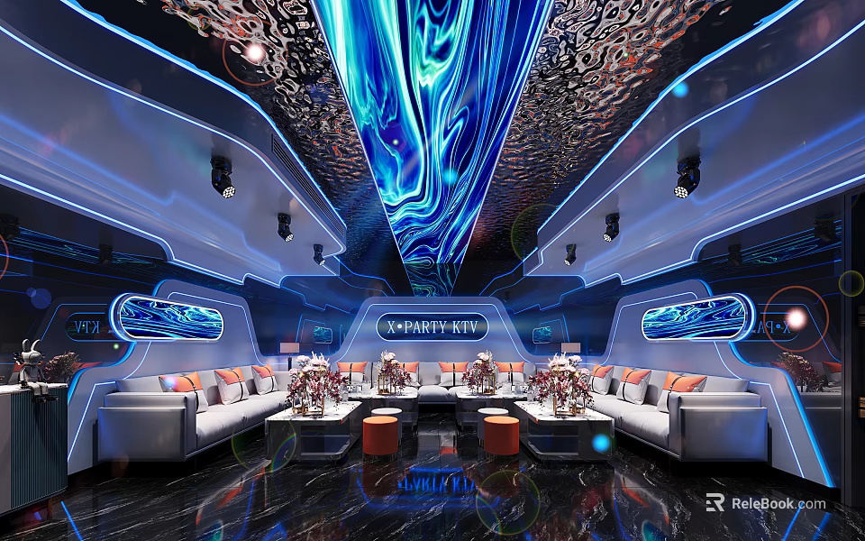 Modern Luxury KTV Private Room With Futuristic Lighting And Sofa Seats 3d model 
