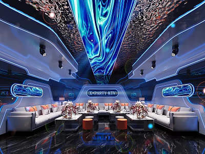 Modern Luxury KTV Private Room With Futuristic Lighting And Sofa Seats 3d model